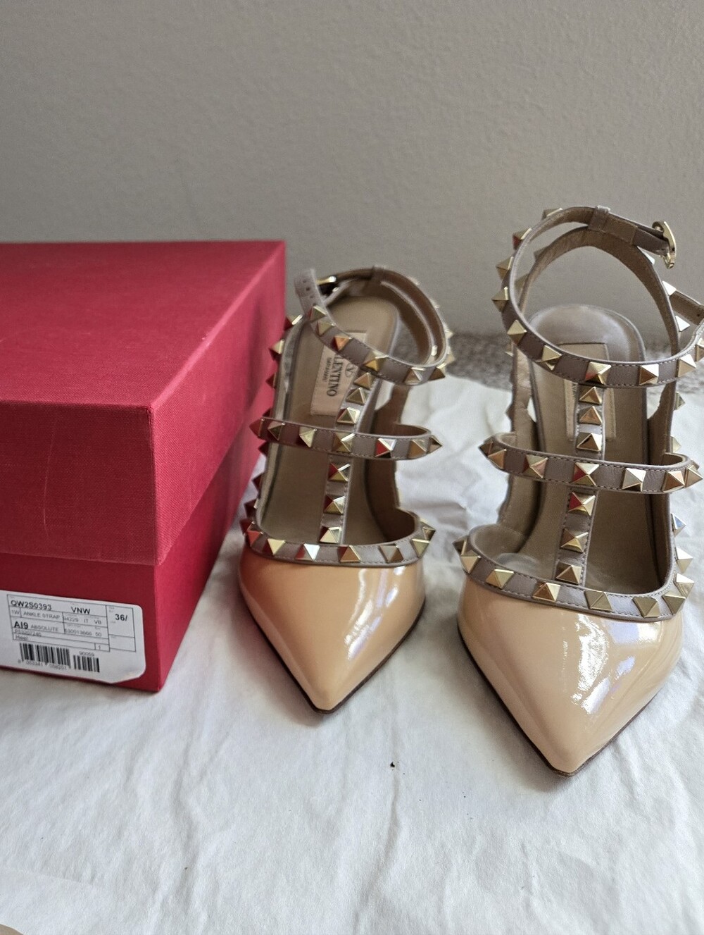 Valentino Nude Patent Leather Rockstud T-Strap Pointed Pumps
